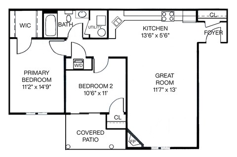 2-D floorplan of a 2-bedroom, 1-bathroom 1st floor apartment with a covered patio and open layout